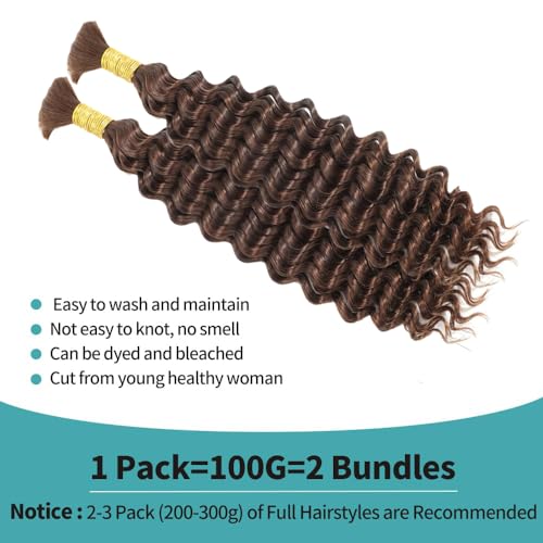 Chocolate Brown Braiding Hair Deep Wave Boho Braids 16Inch No Weft 100g 10A Brazilian Virgin Curly Human Boho Braiding Hair Wet and Wavy Color 4 Remy Hair Extensions