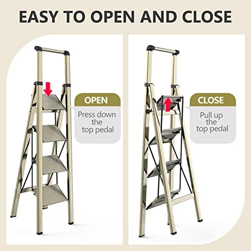 WOA WOA 4 Step Ladder, Ladders for Home, Anti-Slip Pedals, Aluminum Step Stool Foldable, Lightweight to Move, Ease of Storage, Reach 9ft for Closet Kitchen Library, Hold 300lbs - Gold