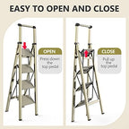 WOA WOA 4 Step Ladder, Ladders for Home, Anti-Slip Pedals, Aluminum Step Stool Foldable, Lightweight to Move, Ease of Storage, Reach 9ft for Closet Kitchen Library, Hold 300lbs - Gold