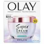 Olay Super Cream with Sunscreen SPF 30, Fragrance Free Lightweight Face Moisturizer with Sun Protection, 5-in-1 Skin Care - Hydrating, Brightening - Niacinamide, Vitamin C, Collagen, 1.7 oz