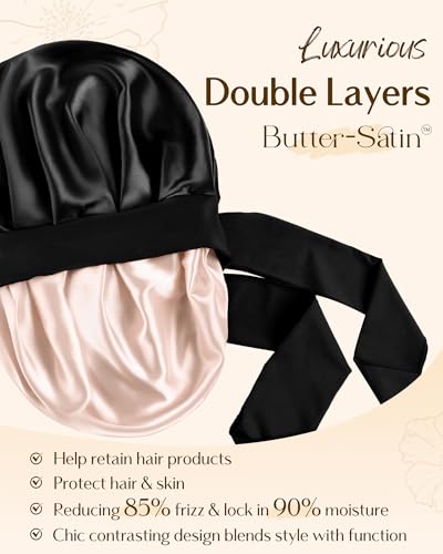 YANIBEST Double Layer Satin Silk Bonnet for Sleeping Hair Bonnet with Elastic Tie Band for Curly Hair Wig Caps Black