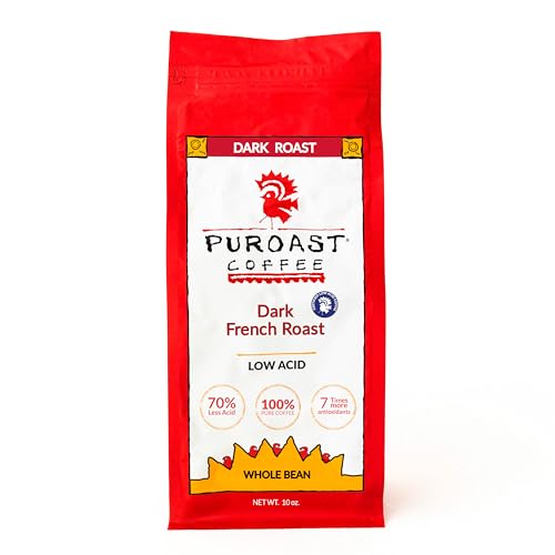Puroast Low Acid Coffee Decaf | Decaf French Roast Whole Bean | Dark Roast | High Antioxidants & High pH |No Bitter Aftertaste | Reduced Heartburn & GERD | Suitable for Cold Brew - 12 oz