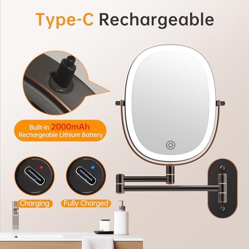 Rechargeable Wall Mounted Lighted Makeup Mirror, 8 Inch Double Sided LED Vanity Mirror 1X/7X Magnification,3 Color Lights Touch Dimmable Oval Frame 360°Swivel Magnifying Bathroom Mirror Antique Bronze