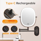 Rechargeable Wall Mounted Lighted Makeup Mirror, 8 Inch Double Sided LED Vanity Mirror 1X/7X Magnification,3 Color Lights Touch Dimmable Oval Frame 360°Swivel Magnifying Bathroom Mirror Antique Bronze