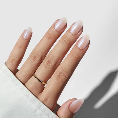 BTArtbox Press On Nails Short - Soft Gel Chrome Press on Nails Short Oval Nails Fake Nail with Nail Glue, Fit Perfectly, Reusable Glue On Nails in 16 Sizes, Chrome Pearl
