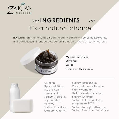 Zakia's Morocco Black Soap (Beldi Soap) with Amber Musk - 100% natural Moroccan Black Soap, Body Scrub, Pure & Natural, Purifying, Cleansing, exfoliating for Hammam Ritual- 8.0 Oz / 226gr