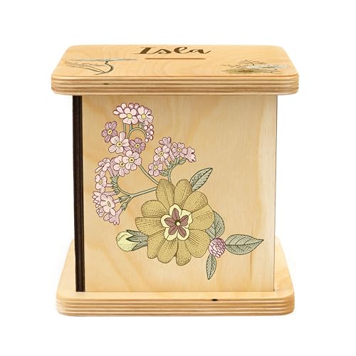 Wooden Piggy Bank for Kids and Adults, Personalized Gift Handmade in USA by BloomOwl, Custom Piggy Bank, Personalized Banks for Kids, Gifts for Baby Boys and Girls (Floral- Vintage)