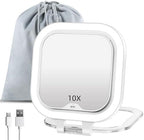 FUNTOUCH Compact Travel Lighted Makeup Mirror, Rechargeable Double-Sided 1X10X Magnification Mirror with 3 Lights, Handheld Tabletop Portable Hanginig Mirror with Bag, Dimmable Touch Screen