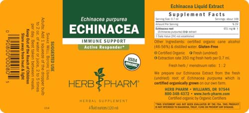 Herb Pharm Certified Organic Echinacea Root Liquid Extract for Immune System Support, Organic Cane Alcohol, 4 Ounce