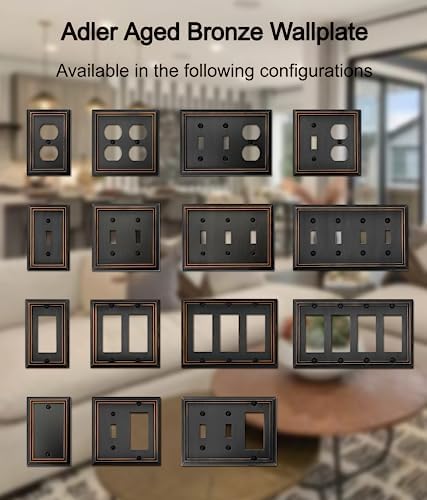 Double Toggle Light Switch Cover Adler Metal Wall Plate, 2-Pack Aged Bronze 2 Gang, Light Switch Cover Decorative Wallplate, Durable