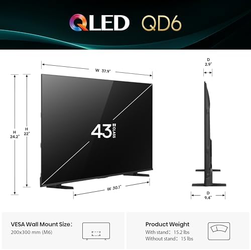 Hisense 43" Class QD6 Series (43QD6QF, 2025 Model) QLED 4K UHD Smart Fire TV, Voice Remote with Alexa, Dolby Vision, Dolby Atmos, Motion Rate 120, HDR 10+, Game Mode Plus, MEMC, VRR, ALLM