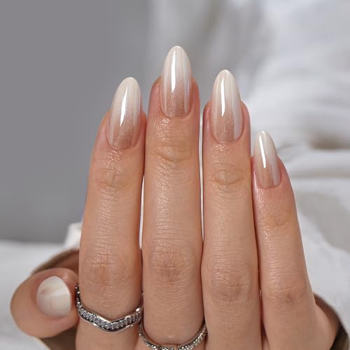 BTArtbox Press On Nails Medium Almond - Soft Gel Ombre Fake Nails with Glitters, French Tip Nails Reusable Glue On Nails Fake Nails Kit 15 Sizes, Glittering Champagne
