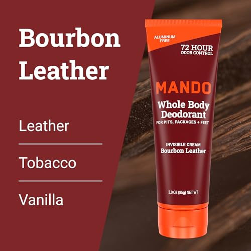 Mando Whole Body Deodorant For Men - Invisible Cream - 72 Hour Odor Control - Aluminum Free, Baking Soda Free, Skin Safe - 3 Ounce Tube (Pack of 2) - Bourbon Leather and Mount Fuji