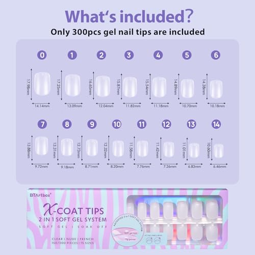 BTArtbox Extra Short Square Nail Tips - Clear Short Gel Nails with Tip Primer Cover, Stronger Adhesion Full Cover Soft Gel Fake Nail Tips for Easy Nail Extension