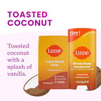 Lume Whole Body Deodorant And Soap - 2.6 Ounce Smooth Solid Stick With 72 Hour Odor Control (Pack of 2) and 5 Ounce Triple Milled Soap (Pack of 2) - Aluminum and Baking Soda Free (Toasted Coconut)