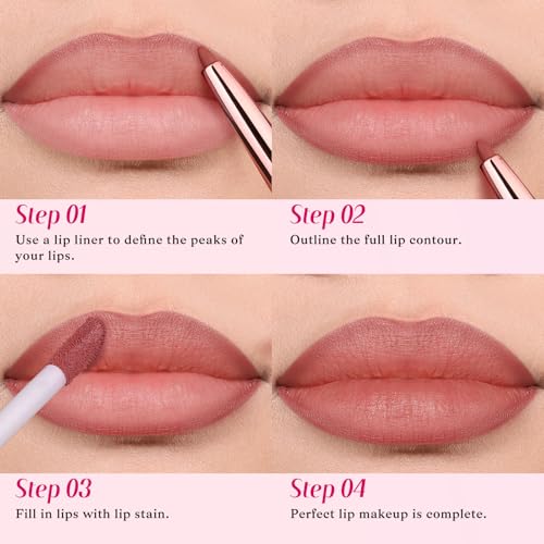 2 PCS Lip Liner and Lip Stain Combo Set, High Pigmented Long Lasting Velvet Lip Tint, Well-Defined Lipliner, Weightless Waterproof Not Animal Tested, Matte Finish Makeup