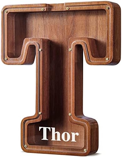 Summidate Customized Name Extra Large Wooden Piggy Bank for Kids Boys Girls Alphabets Letter A-Z Coins Bills Money Change Saving Box Clear Cover (Laser Engraved) Educational Toys 12"- Letter T