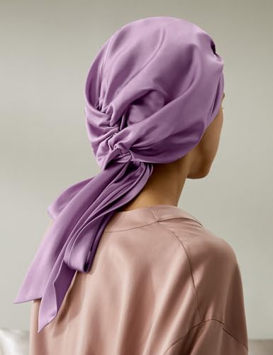 LilySilk 100% Silk Bonnet Pure Mulberry Silk Sleep Cap Womens Natural Silk Bonnet for Sleeping and Hair Care Night Hair Wrap with Long Elastic Band Stay On Lavender