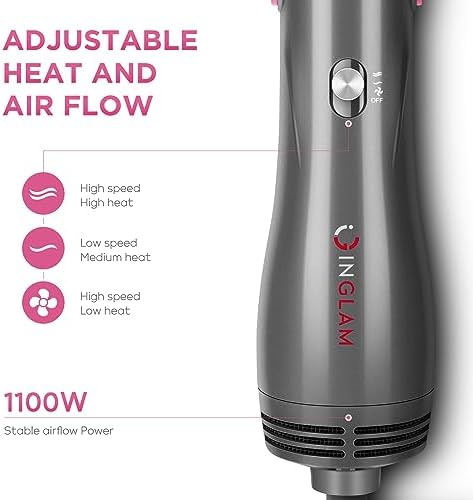 IG INGLAM 4 in 1 Hot Air Brush, Negative Ion Detachable Hair Styler & Volumizer with 2 Brush Heads, Updated Push Switch, Gray