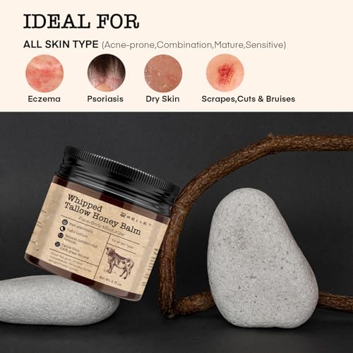 Beef Tallow and Honey Balm for Skin: Grass Fed Whipped Beef Tallow With Honey Face Body Moisturizer 4oz - Organic Unscented Fast Absorption Tallow Cream Infused with Manuka Honey Beeswax Olive Oil