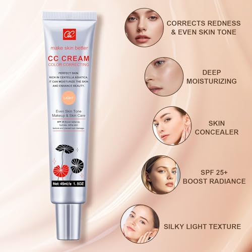 2 PCS Color Correcting CC Cream with Powder Puff 【SPF 25】, Light & Hydrating CC Cream Foundation with Centella Asiatica, Multi-Purpose for Even Skin Tone, Refine Skin Texture, SPF Protection (Light*2)