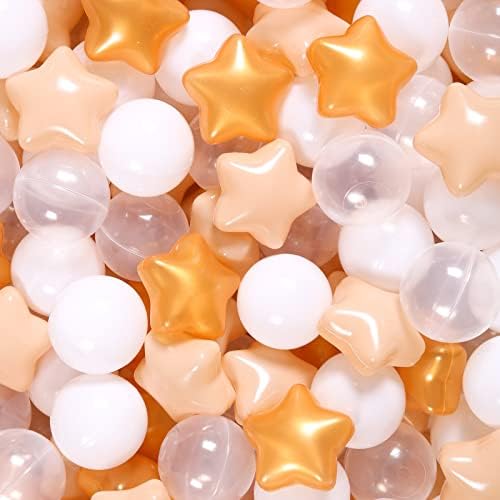 Ball Pit Balls with Starballs 100 - Crushproof Plasticballs for Babies Toddlers Kids Children for 1 2 3 4 5 Years Old,5 Colors,2.15inches, Beige Gold White Clear