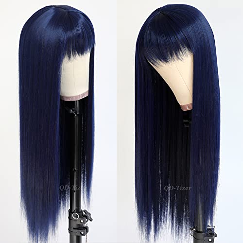 QD-Tizer Dark Blue Synthetic Hair Wigs with Full Bangs Blue Long Straight Women's Wig Heat Resistant Synthetic No Lace Wigs for Fashion Women 24 inch