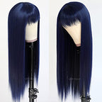 QD-Tizer Dark Blue Synthetic Hair Wigs with Full Bangs Blue Long Straight Women's Wig Heat Resistant Synthetic No Lace Wigs for Fashion Women 24 inch