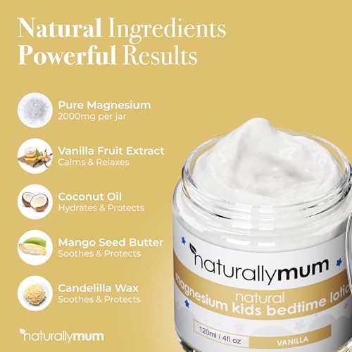 NATURALLY MUM - Magnesium Lotion for Kids & Babies [NATURAL & SAFE] - Juniors Bedtime Lotion - Magnesium Cream for Kids & Babies - Magnesium Lotion for Sleep Kids & Toddlers - Made in UK - Vanilla