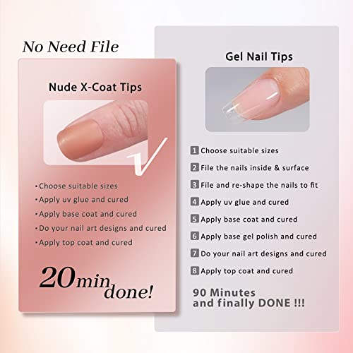 BTArtbox Soft Gel Nail Tips Square - Extra Short Press On Nails Natural XCOATTIPS Pre-applied Tip Primer, One-Step XS Square Gel Nail Tips Fake Nails for DIY Nail Art