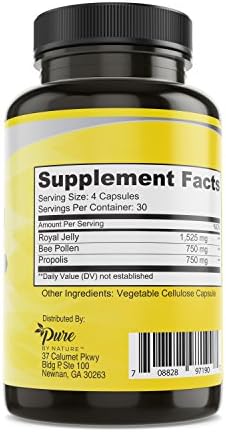 Pure By Nature Bee Pollen Supplement with Propolis & Royal Jelly for Immune Support, Antioxidant Properties, 120 Non-GMO Vegetarian Capsules