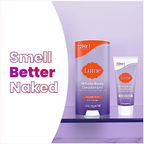 Lume Whole Body Deodorant - Invisible Cream Tube Mini and Solid Stick - 72 Hour Odor Control - Aluminum Free, Baking Soda Free, Skin Safe - 0.5 Oz Mini Tube + 2.6 Oz Solid Stick (Soft Powder)