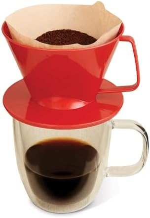 Fino Pour-Over Reusable Coffee Brewing Cone with Gold-Toned Mesh Permanent Coffee Filter, Number 4-Size, Red