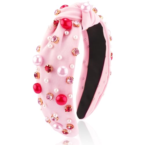 AHONEY Pink Headband Hair Accessories for Women Girls Knotted Headband Pearl Crystal Knotted Jeweled Wide Top Knot Headband Valentine’s Day Gifts (Pink)