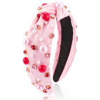 AHONEY Pink Headband Hair Accessories for Women Girls Knotted Headband Pearl Crystal Knotted Jeweled Wide Top Knot Headband Valentine’s Day Gifts (Pink)