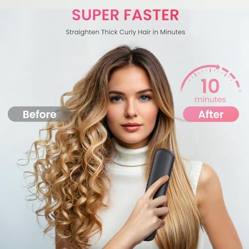 Cordless Hair Straightener Brush, Portable Mini Straightening Brush for Travel, Negative Ion Hot Comb Hair Straightener for Women, Rose Red