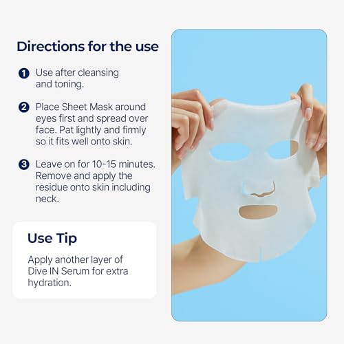 Torriden DIVE IN Hyaluronic Acid Facial Mask (10 sheets) | Extra Moisturizing Care | Hyaluronic Acid, Panthenol, Allantoin | Korean Face Mask