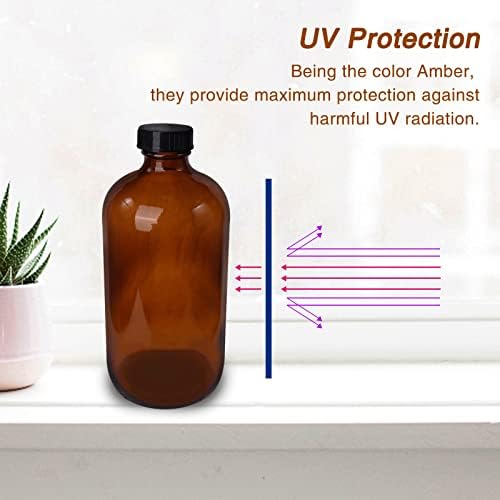 12 Pack 16 oz Amber Boston Round Glass Bottles with Black Caps for Secondary Kombucha Fermentation and Lab Chemicals (2 Funnels and 20 Pieces Black Chalkboard Labels Included)