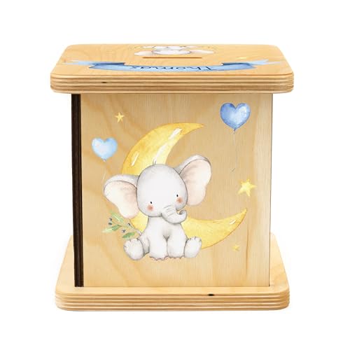 Wooden Piggy Bank for Kids and Adults, Personalized Gift Handmade in USA by BloomOwl, Custom Piggy Bank, Personalized Banks for Kids, Gifts for Baby Boys and Girls (Elephant- Blue)