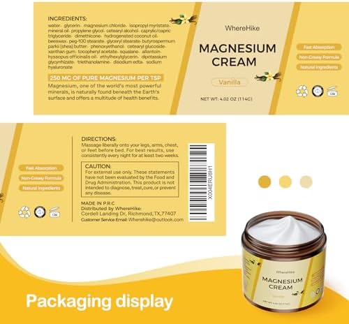 Natural Topical Magnesium Cream for Sleep,Nighttime Magnesium Lotion for Pain and Leg Cramps,Muscle Relaxation,Calm,Deep Hydration for Skin Care.(Vanilla)