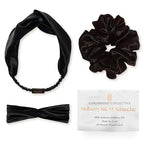 Real Mulberry Silk Scrunchie & Headband Bundle | Extra Large Silk Scrunchie & Elastic Silky Head Band for Thick, Curly Hair | (Onyx Black)