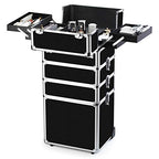 OUDMAY Makeup Train Case 4 in 1 Professional Cosmetics Rolling Organizer Aluminum Frame and Folding Trays