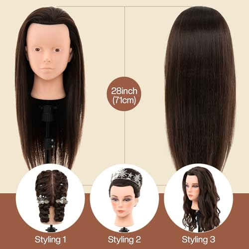 28Inch 60% Real Hair Makeup Mannequin Head, Cosmetology Mannequin Head with Hair for Makeup Braiding Curling Cuting,Makeup Doll Head for Hair Styling with Table Clamp Hair Styling Set(Dark Brown)