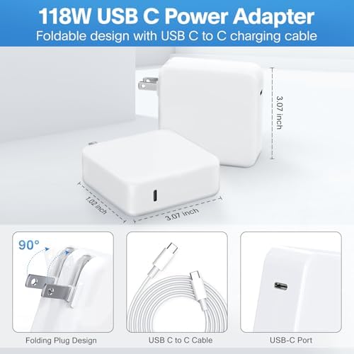 Mac Book Pro Charger-118W USB C Fast Charger Power Adapter Compatible with MacBook Pro/MacBook Air 16 15 14 13 Inch, M1 M2 M3 M4, New iPad Pro and All USB C Device, 6.6ft Charge Cable