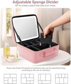 JUSRON Travel Makeup Bag With LED Mirror, Train Case with Light up Mirror, Portable Makeup Artist Organizer Bag with Adjustable Dividers, Makeup Brush Holder Storage (Pink, Large)