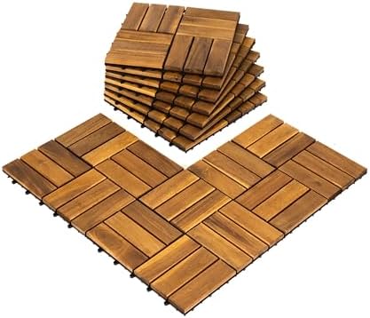 Pack of 10 Deck Tiles - 12"x12" Interlocking Natural Solid Acacia Wood for Outdoor & Indoor, Patio Garden, Balcony, Poolside - Natural Color
