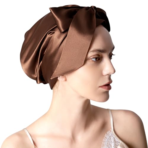 22 Momme 100% Mulberry Silk Sleep Cap for Women, Pure Mulberry Hair Bonnet, Anti-Frizz Head Wrap with Elastic Stay On Head, Dark Brown