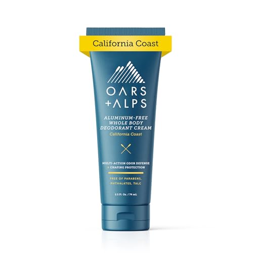 Oars + Alps Whole Body Deodorant Cream For Men - Multi-Action Odor Defense - Aluminum Free, Baking Soda Free, Anti-Chafe - 2.5 Ounce Tube - California Coast