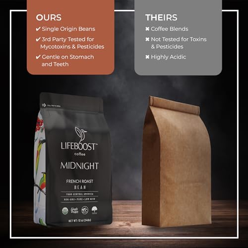 Lifeboost Midnight French Roast Coffee Beans - Single Origin Low Acid French Roast Coffee - Non-GMO USDA Organic French Roast Coffee Beans - Third Party Tested For Mycotoxins & Pesticides - 12 Ounces