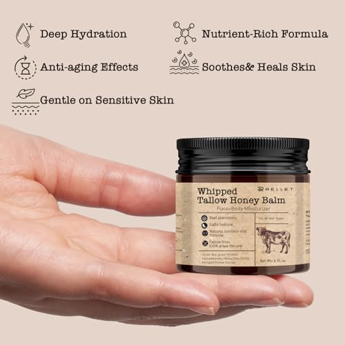 Beef Tallow and Honey Balm for Skin: Grass Fed Whipped Beef Tallow With Honey Face Body Moisturizer 4oz - Organic Unscented Fast Absorption Tallow Cream Infused with Manuka Honey Beeswax Olive Oil